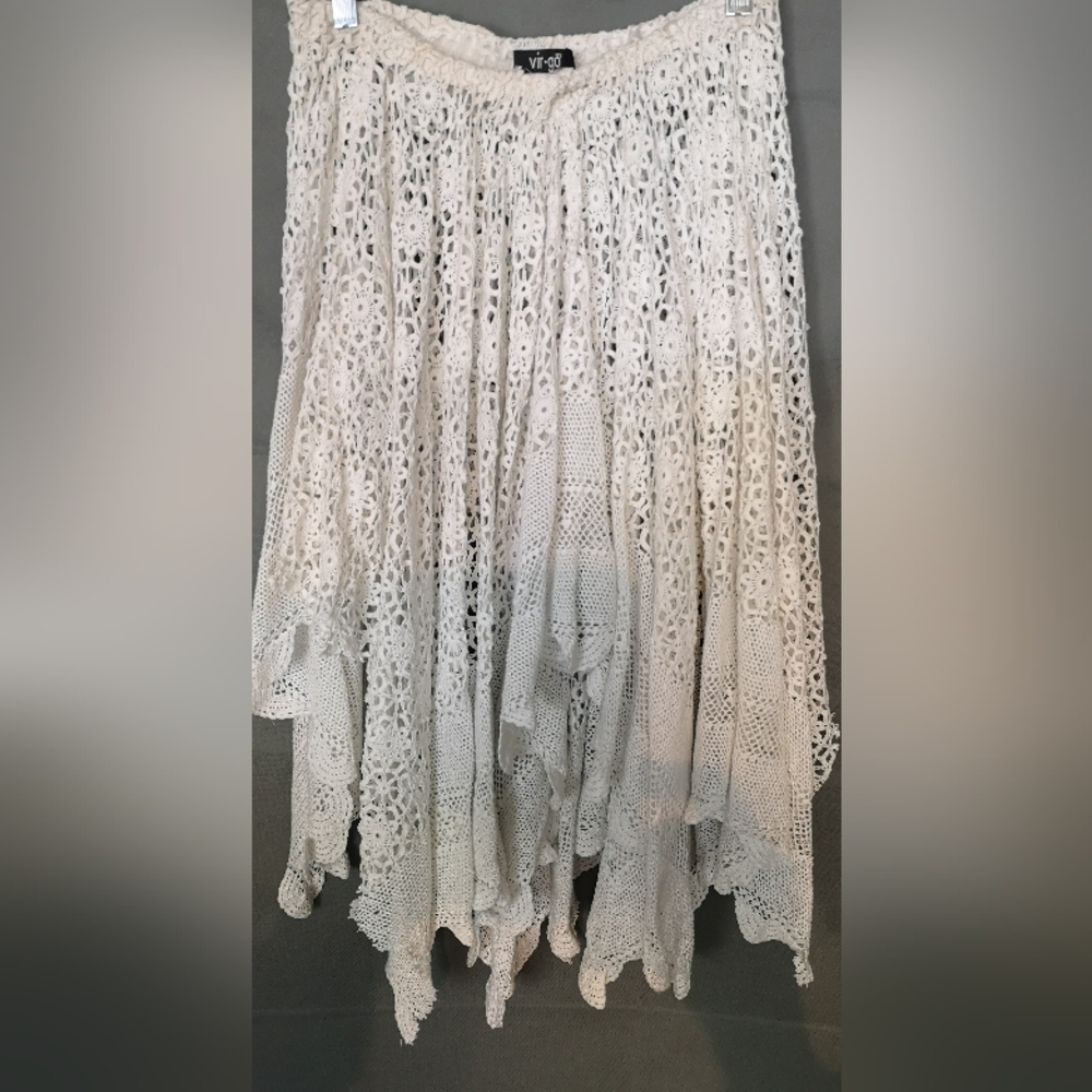 Neo-vintage Eco-lux White upcycled crochet voluminous handkerchief hem skirt